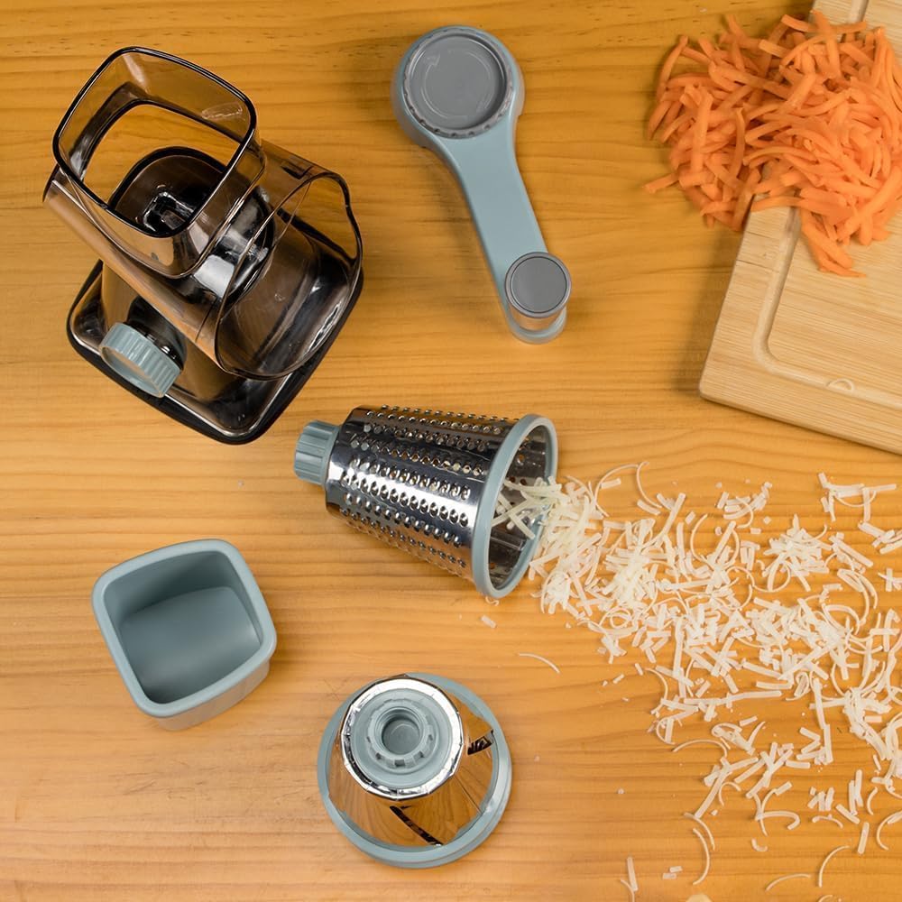 Rotary Cheese Cheese Grater Hand Crank Vegetable Cheese Grater for Kitchen 3 Changeable Blades for Cheese Potato Zucchini Nuts Chocolate - GreyBlue