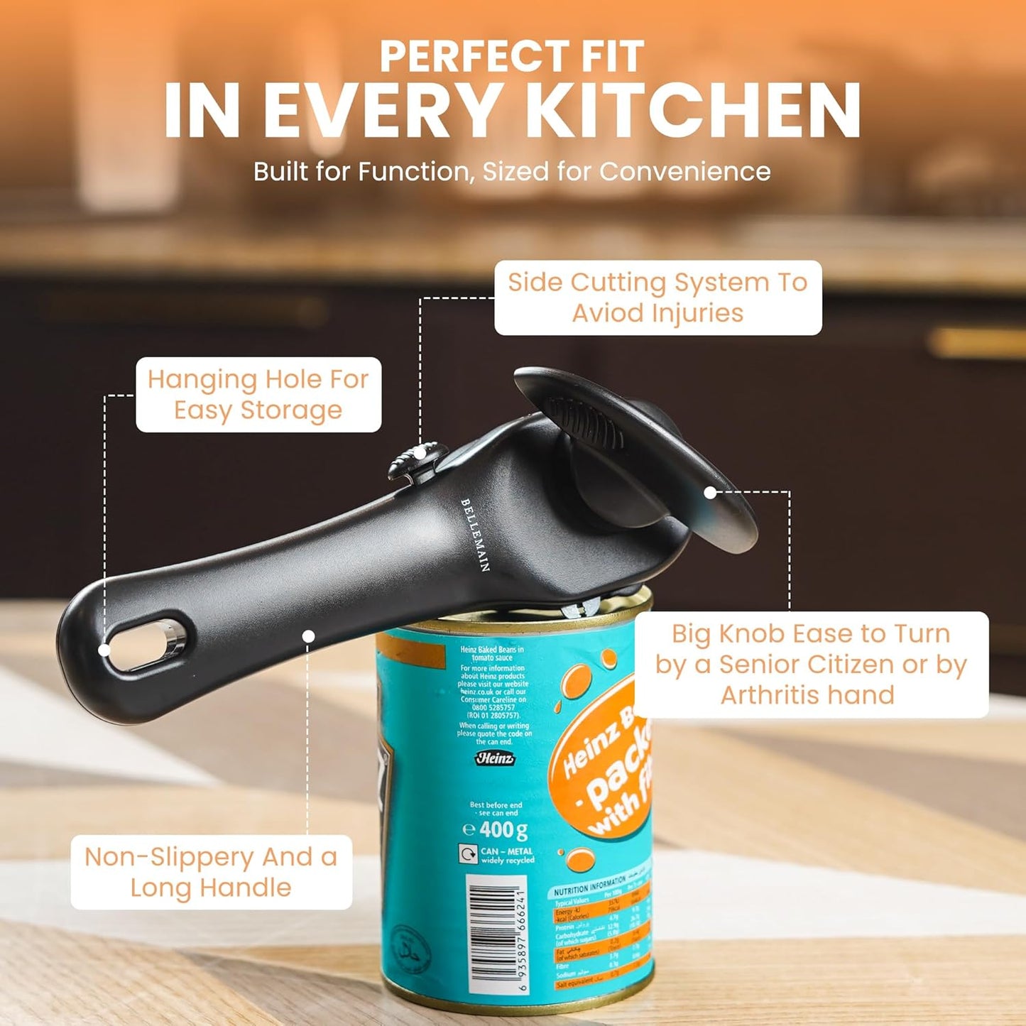 Ergonomic Can Opener, Easy Safe-Cut for Seniors & Restaurants