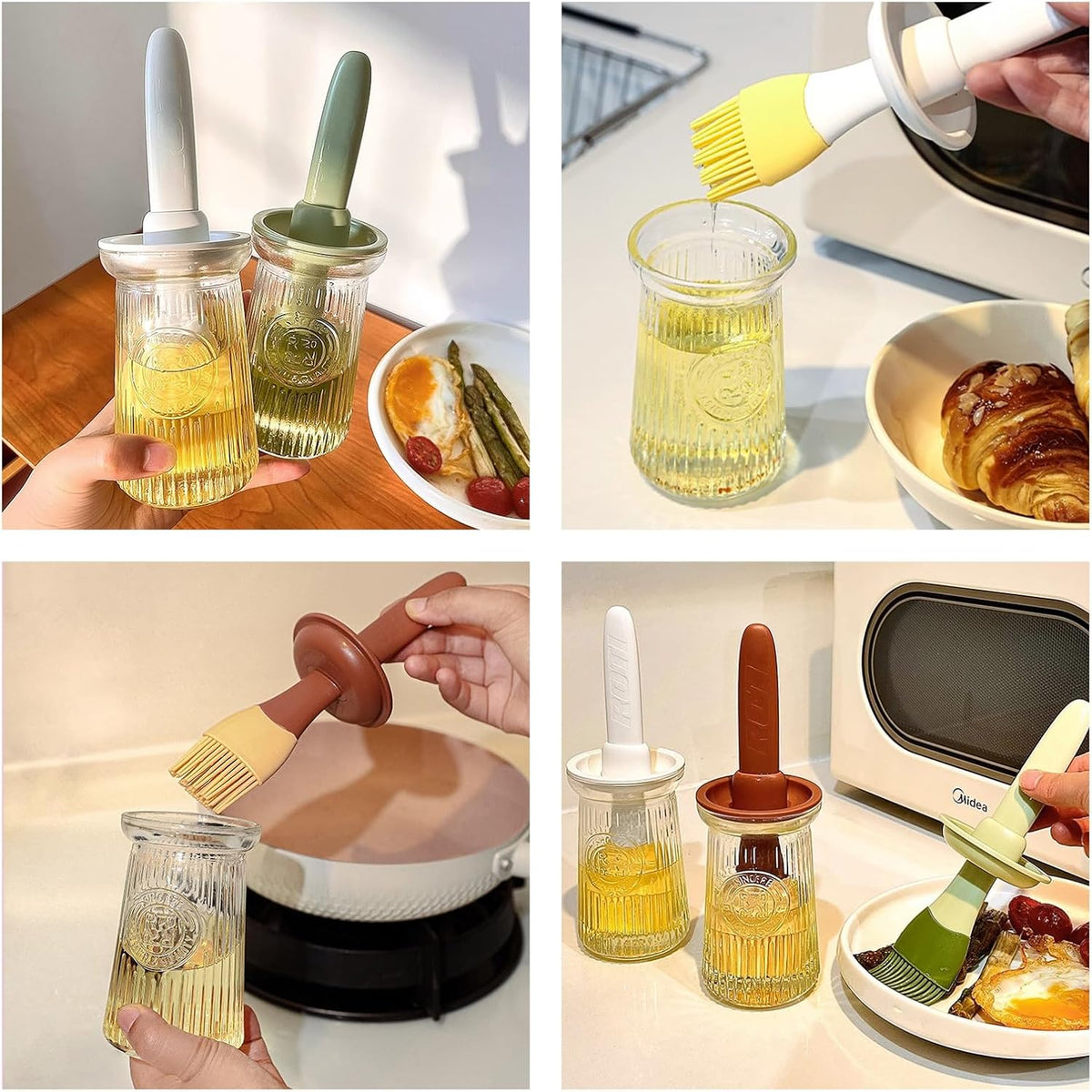 Oil Dispenser with Brush - Glass Olive Oil Dispenser for Kitchen, 3 IN 1 Oil Dispenser Bottle with Silicone Basting Brush for Cooking Vinegar Sauce BBQ Grill Frying (Green)