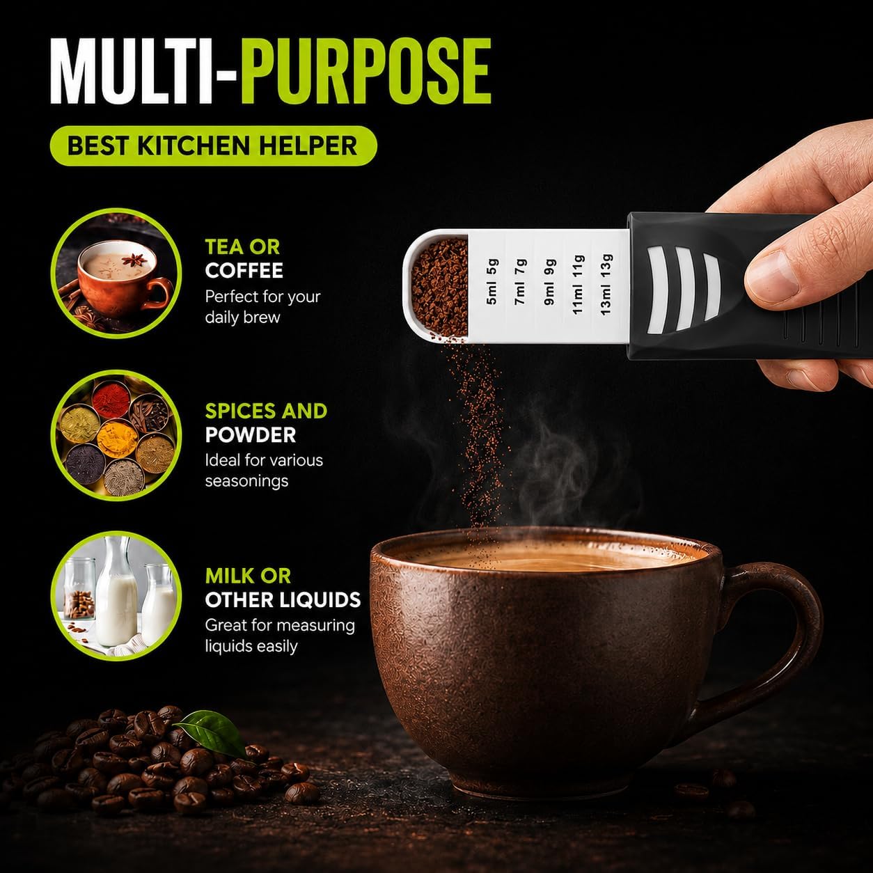 GOCHA Adjustable Measuring Spoon, Double Ended Measuring Scoop, 9-in-1 Measuring Tool, Adjustable Tablespoon & Teaspoon, Precise Scale for Coffee, Spices, Baking, Liquid & Dry Ingredients (Black)