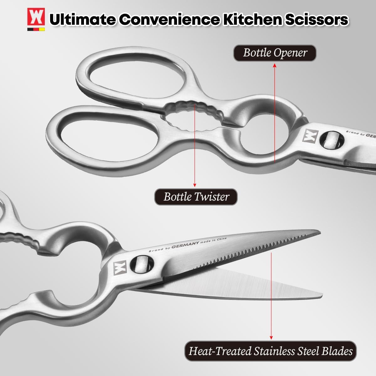 Stainless Steel Kitchen Scissors, Multi-Purpose Shears for Meat, Vegetables, Poultry & Seafood, Razor-Sharp Blades, Ergonomic Grip, Herb Stripper, Dishwasher Safe (Food Scissors 1601)