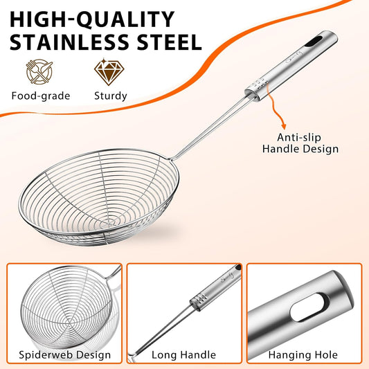 Spider Strainer Set of 3 Asian Strainer Ladle Stainless Steel Wire Skimmer Spoon with Handle for Kitchen Frying Food, Pasta, Spaghetti, Noodle-30.5cm, 32cm, 35cm