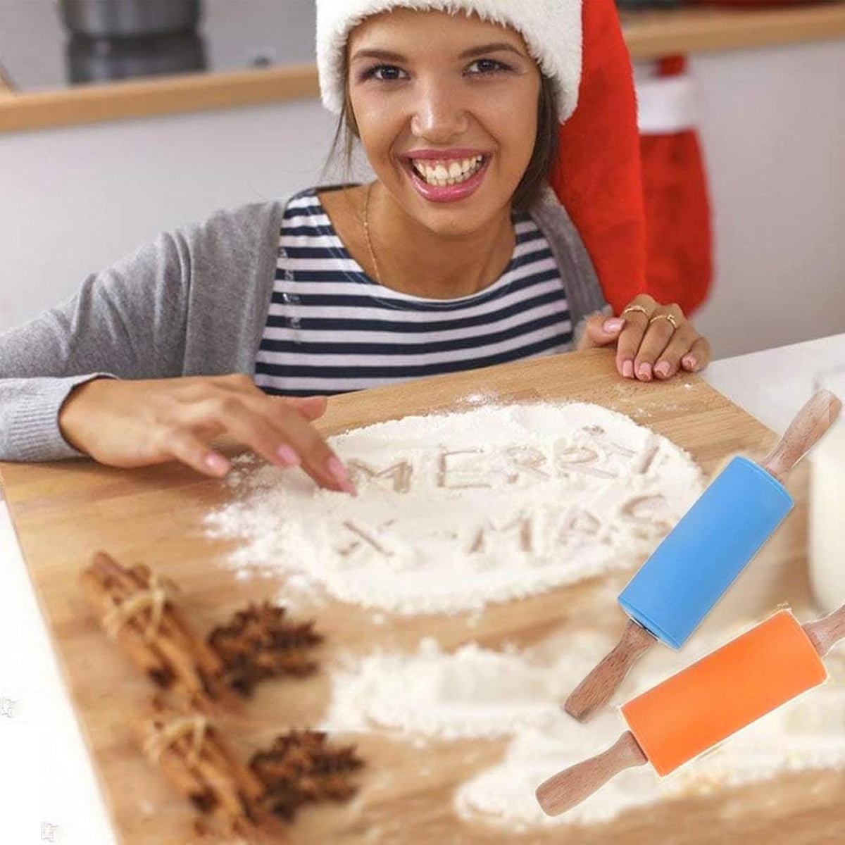 Rolling Pin for Baking, 12 Inch Non-Stick Silicone Surface, Wooden Handle Rolling Pin for Baking Pies, Pastry, Cookies, Kitchen Essential