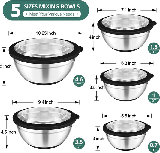 Mixing Bowls, Salad Bowls with Transparent Airtight Lids, Black | 5PCS Stainless Steel Serving Bowls For Kitchen Mixing/Baking/Storing/Prepping, Non-Slip Bottom - 4.6/3.5/1.5/1/0.7 QT
