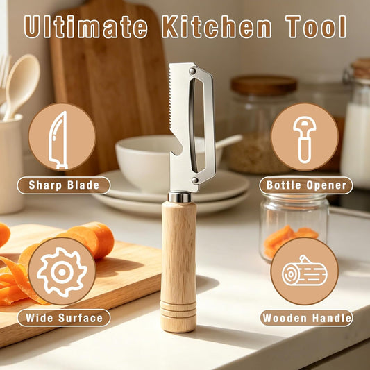 Multifunctional Vegetable Peeler Set, Handheld Fruit Peeler with Ultra-Sharp Stainless Steel Blade, Wooden Handle & Bottle Opener, Kitchen Tool for Potato Pumpkin Apple Carrot, 2 Pack