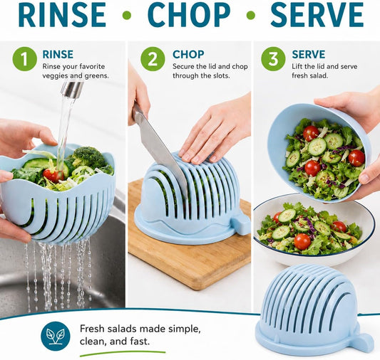 Salad Chopper Bowl with Slits, Fruit Vegetable Cutter, Blue | BPA-free, dishwasher safe, meal prep, potlucks, picnics, camping, dorm kitchens, small households