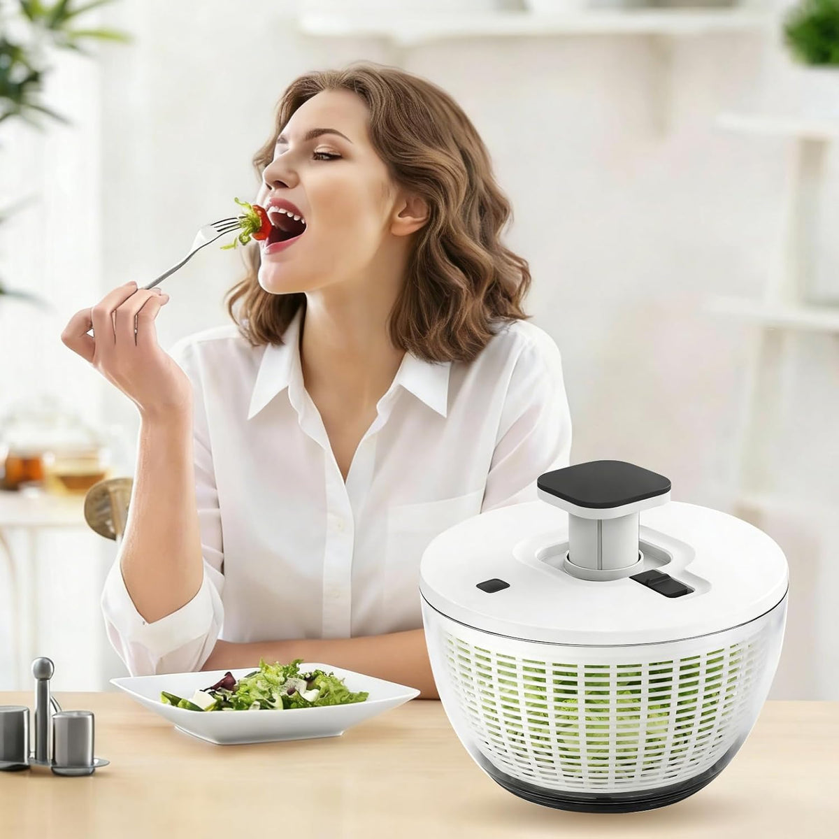 Salad Spinner Large, Lettuce Spinner, Fruits and Vegetables Washer with 4 Blades Slicer, One-handed Easy Press Large Vegetable Dryer Salad Mixer, 5 Quart Capacity, Grey