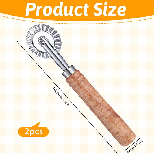 2 Pcs Pastry Wheel Cutter, Pastry and Pasta Cutter Wheel, Ravioli Pizza Cutter Wheels with Long Wooden Handle Dumpling Lace Making Noodle Dough Ruffled Edge Cookies Pie Cutting Tool