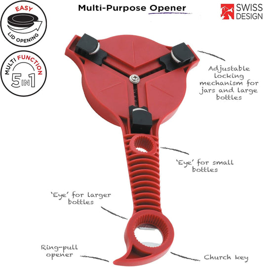 5-in-1 Multi-Purpose Strain-Free Opener for Jars, Bottles and Ring-Pull Cans, 5 x 10 x 2.25 inches, Red