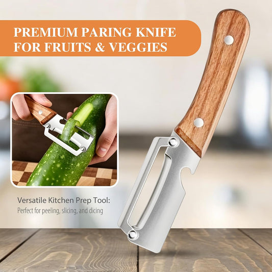 2PCS 2-in-1 Multifunctional Vegetable Peeler, Handheld Stainless Steel Peeler Slicer with Wooden Handle & Built-in Bottle Opener, Ideal for Fruit Apple Potato Pumpkin Papaya