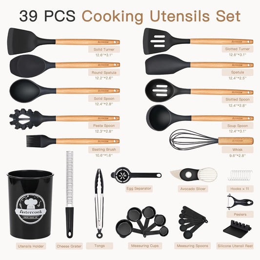 39 PCS Kitchen Utensils Set, Silicone Cooking Utensil Sets with Wooden Handle, 446°F Heat Resistant Food Grade Spatula Set, BPA Free Kitchen Gadgets Tools Set & Spoons for Nonstick Cookware