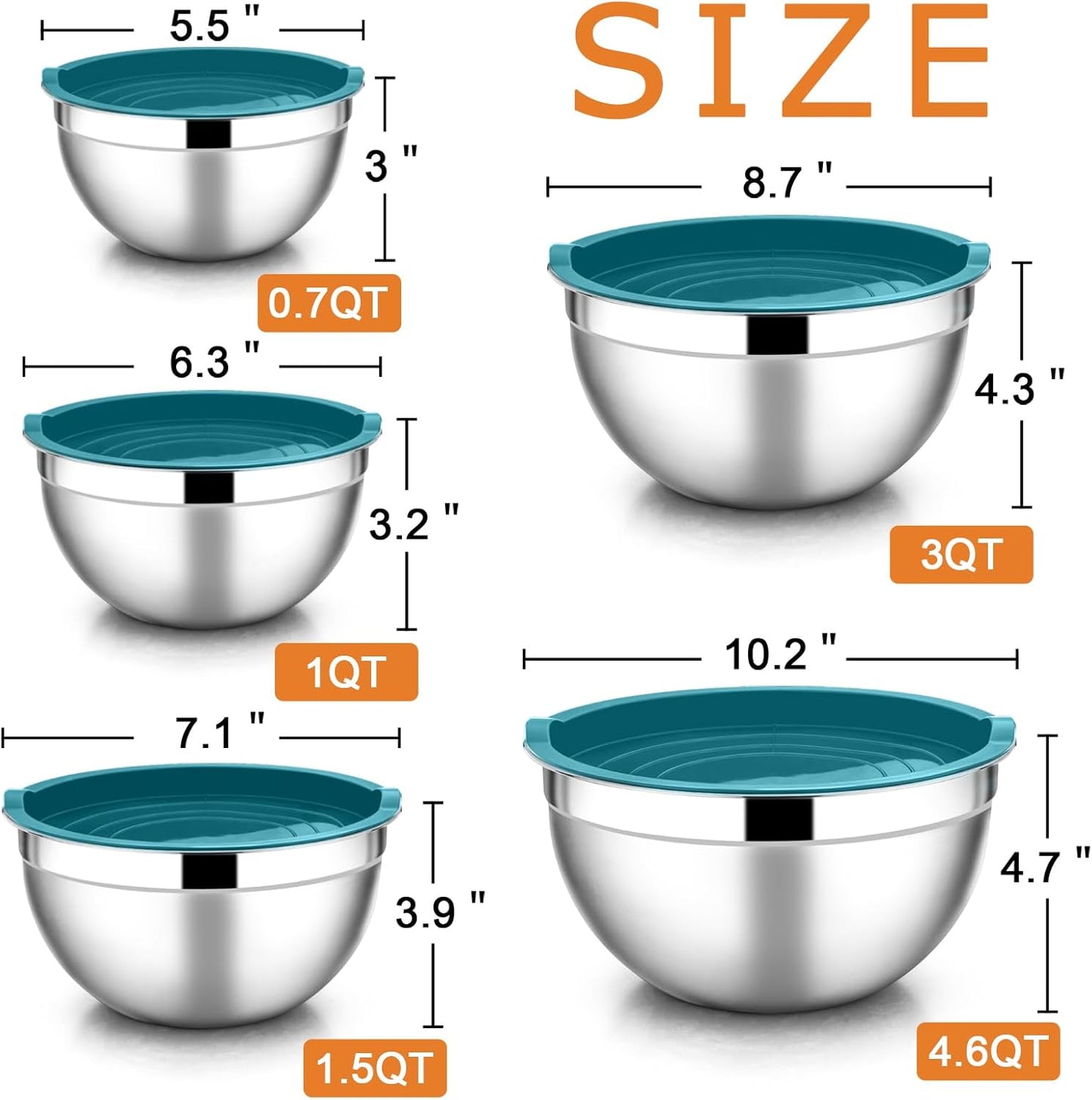 Stainless Steel Mixing Bowls with Lids, 5-Pack Metal Nesting Bowls with Airtight Covers for Cooking, Baking, Serving, Storage, Non-toxic & Dishwasher Safe, Size 4.6/3/1.5/1/0.7QT - Khaki