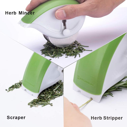 3-in-1 Herb Chopper Mincer Roller Cutter Slicer, Leaf Stripper, Scraper- Retractable for Safe Storage, Detachable for Easy Cleaning, 4 Sharp Stainless Steel Blades, Soft-touch Handle