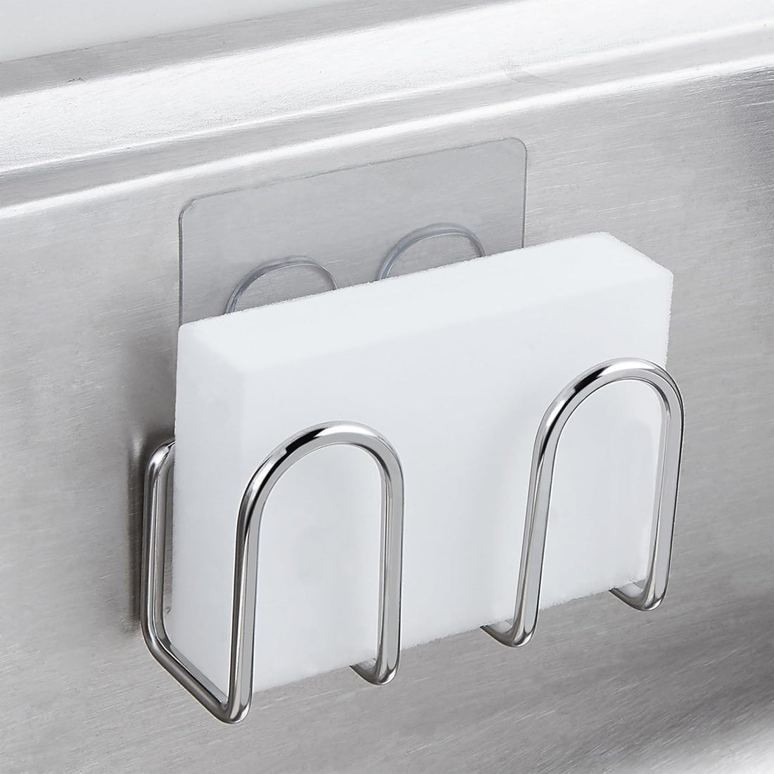 Kitchen Sponge Holder | Sink Caddy for Sponges, Scrubbers, Soap. No Drilling, Adhesive, Rustproof SUS304 Stainless Steel, Com