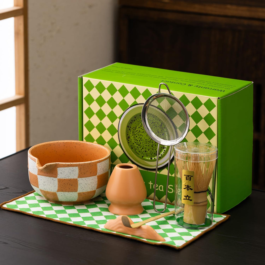 Premium 7-Piece Matcha Tea Set – Traditional Japanese Style with Elegant Grid Pattern, Includes Bamboo Whisk, Ceramic Bowl, S