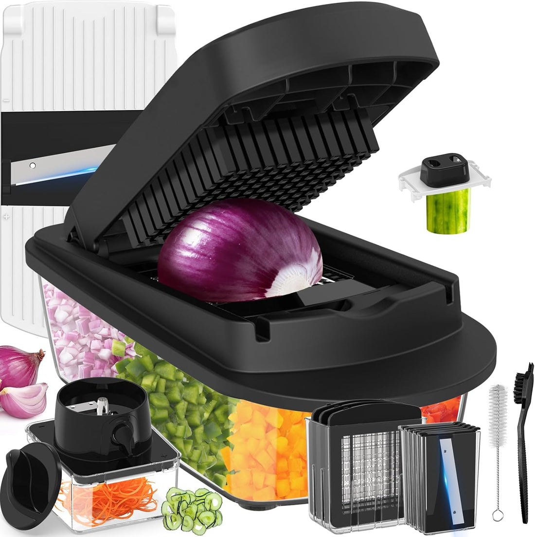 12 Blade All-in-1 Vegetable Chopper Mandoline Slicer with Container, Spiralizer with Containers, Food Chopper, Onion Chopper,