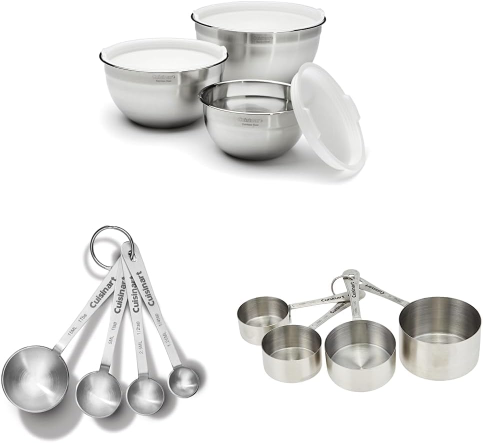 Cuisinart Mixing Bowl Set, Stainless Steel, 3-Piece CTG-00-SMP Stainless Steel Measuring Spoons, Set of 4,Silver CTG-00-SMC S