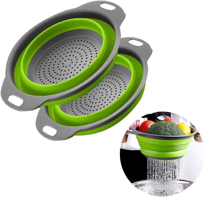2pcs Collapsible Colander, Round Green Set Folding Silicone strainers for Kitchen, Collapsible Funnel Suitable for Draining P