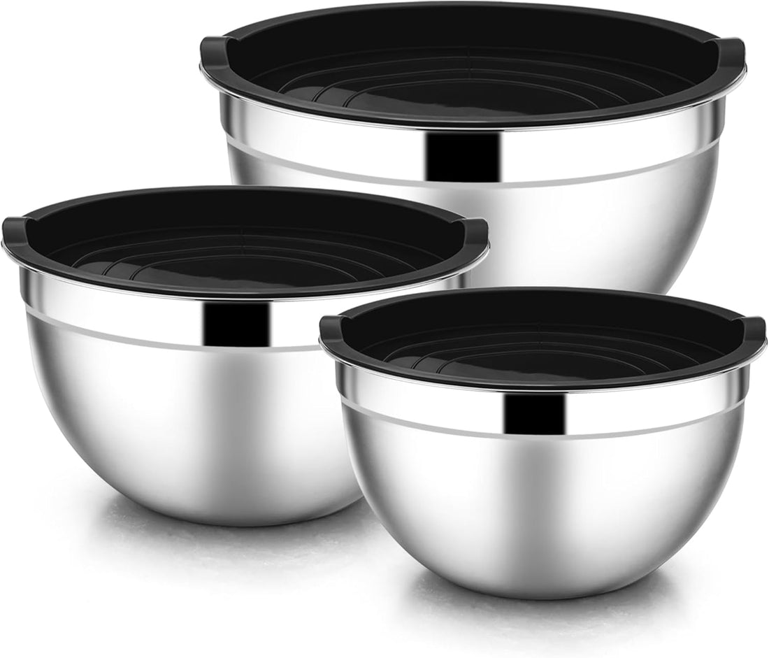 E-far Mixing Bowls with Lids, 6-Piece Stainless Steel Salad Bowls Metal Nesting Bowls for Baking Cooking and Prepping, Airtig