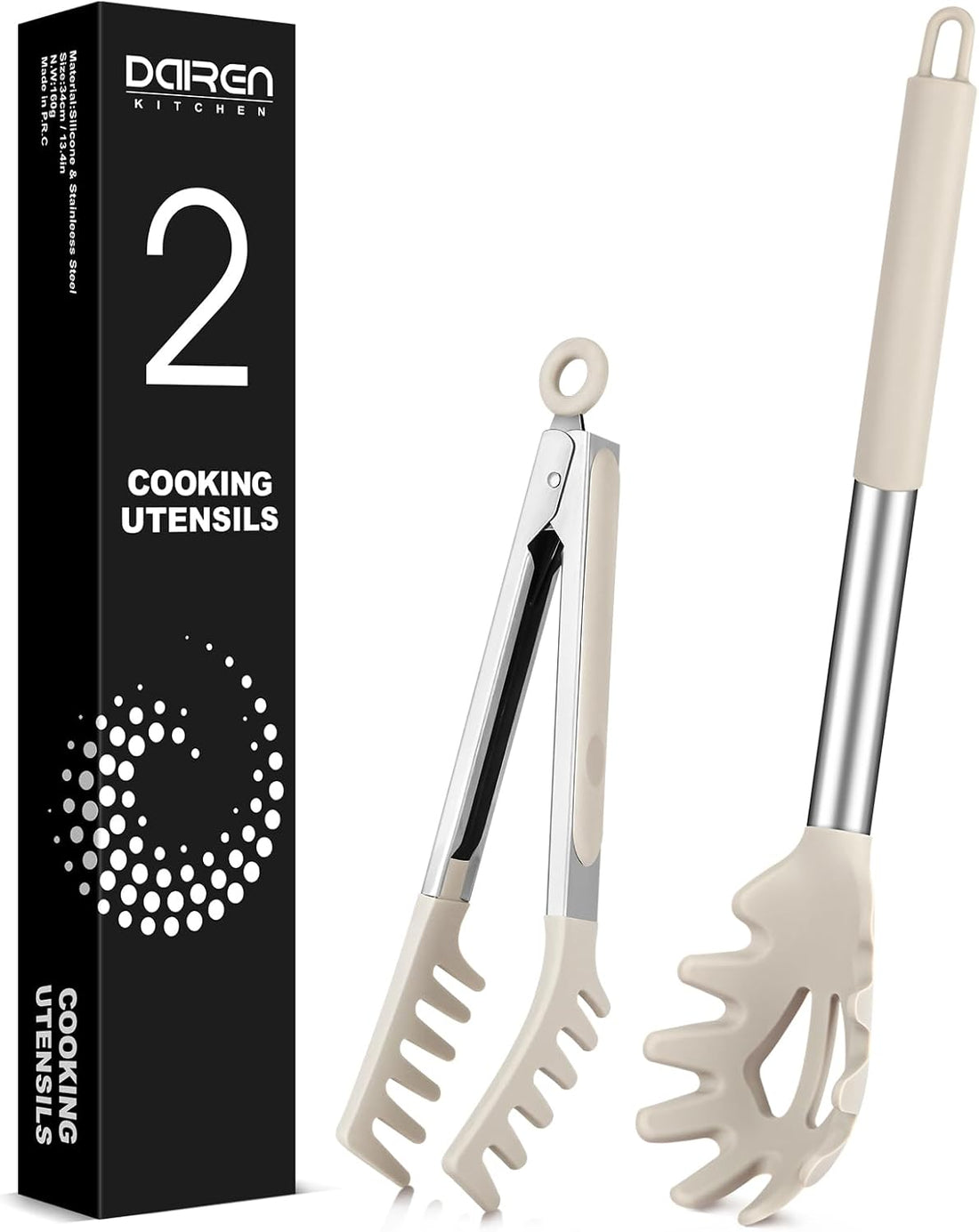 Spaghetti Spoon and Pasta Tong, Non-stick Silicone Spoon Server Fork with teeth and Stainless Steel Handle Spaghetti Tong, Fo