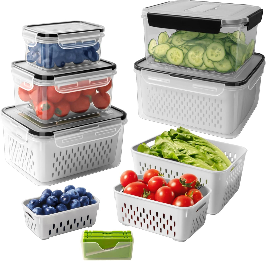5 PCS Large Fruit Containers for Fridge - Leakproof Food Storage Containers with Removable Colander - Dishwasher & microwave 