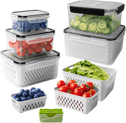 5 PCS Large Fruit Containers for Fridge - Leakproof Food Storage Containers with Removable Colander - Dishwasher & microwave 
