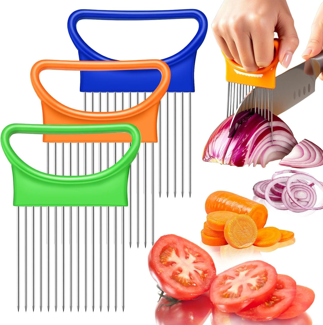 FANTEXY 3Pieces Onion Holder for Slicing, Stainless Steel Onion Cutter for Slicing, Potato Lemon Slicer Tomato Slicers Kitche
