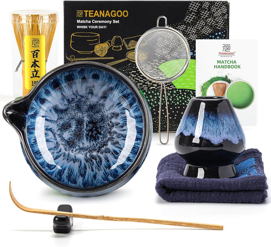 TEANAGOO Matcha Whisk Set, 7 Pcs Matcha Set Blue, Matcha Kit for Ceremony, Matcha Tea Set for Making Breakfast/Latte, Ceramic