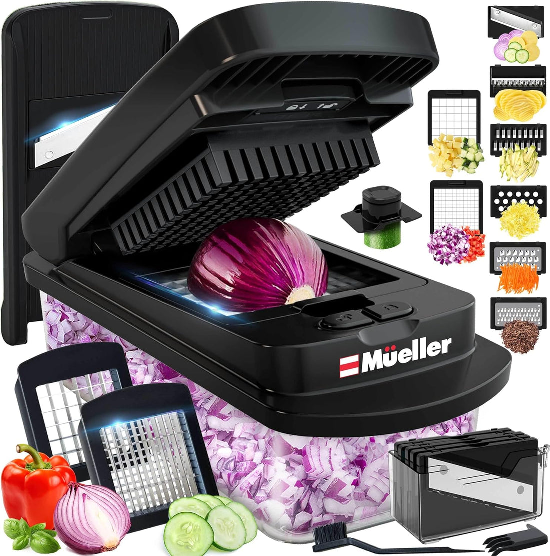 Mueller Pro-Series 10-in-1, 8 Blade Vegetable Chopper, Onion Mincer, Cutter, Dicer, Egg Slicer with Container, French Fry Cut