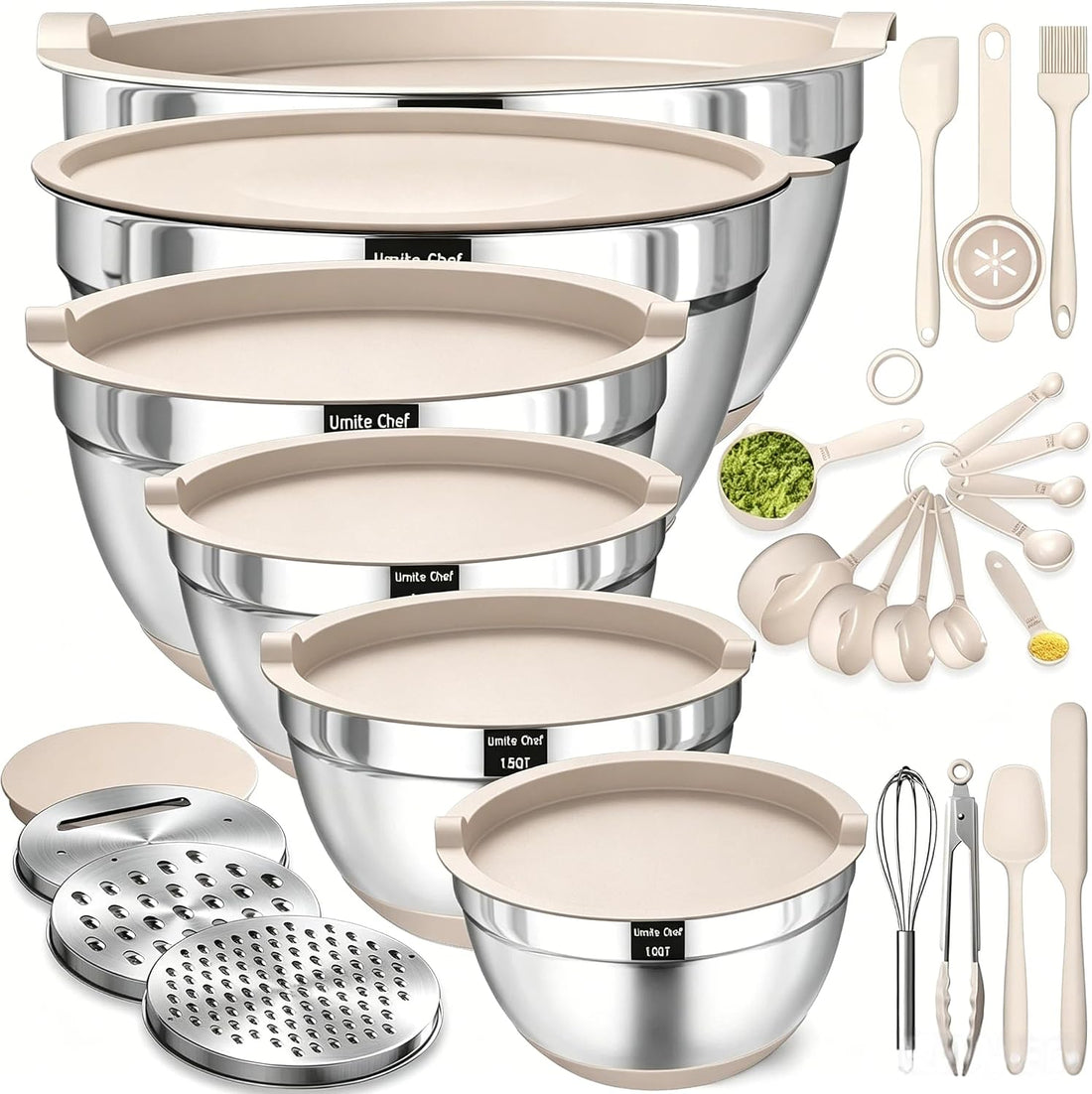 Mixing Bowls with Airtight Lids Set, 26PCS Stainless Steel Khaki Bowls with Grater Attachments, Non-Slip Bottoms & Kitchen Ga