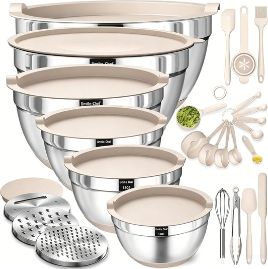Mixing Bowls with Airtight Lids Set, 26PCS Stainless Steel Khaki Bowls with Grater Attachments, Non-Slip Bottoms & Kitchen Ga