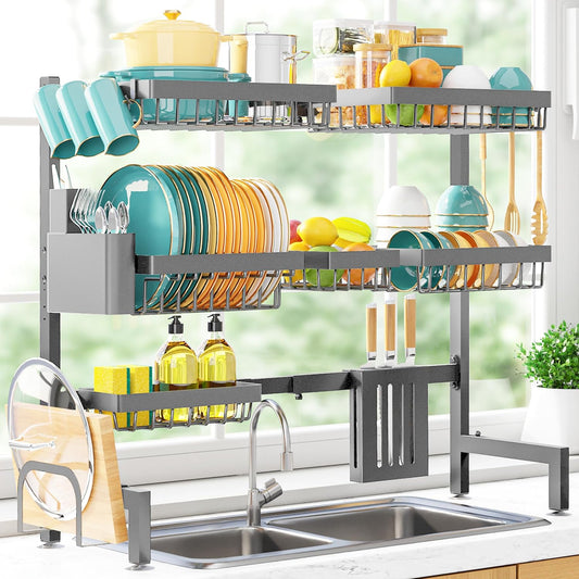 Over The Sink Dish Drying Rack - Adjustable 3 Tier XX-Large Capacity Stainless Steel Drainer with Cutlery & Utensil Holders, 