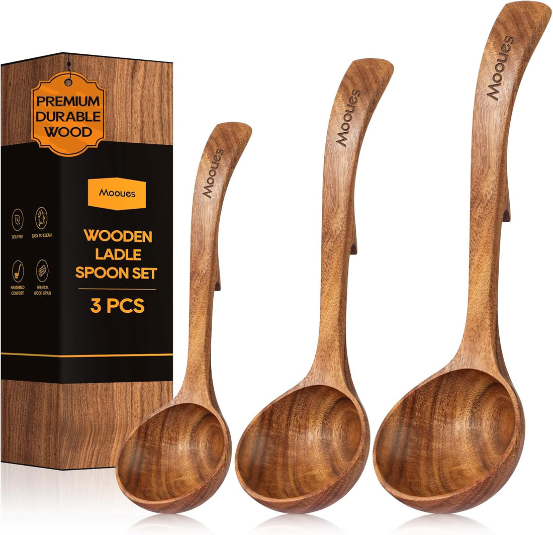 Wooden Ladle for Soup, 3 Size Teak Wood Ladle Spoon with Back Hooks, Heat Resistant Wooden Spoons for Cooking, Non-Stick, Com