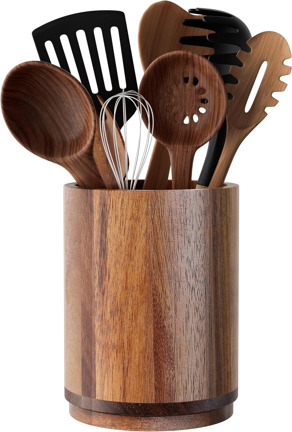 Utensil Holder, Acacia Wood Kitchen Utensil Holder for Countertop, 360°Rotating Cooking Utensil Crock for Kitchen Counter, 7.