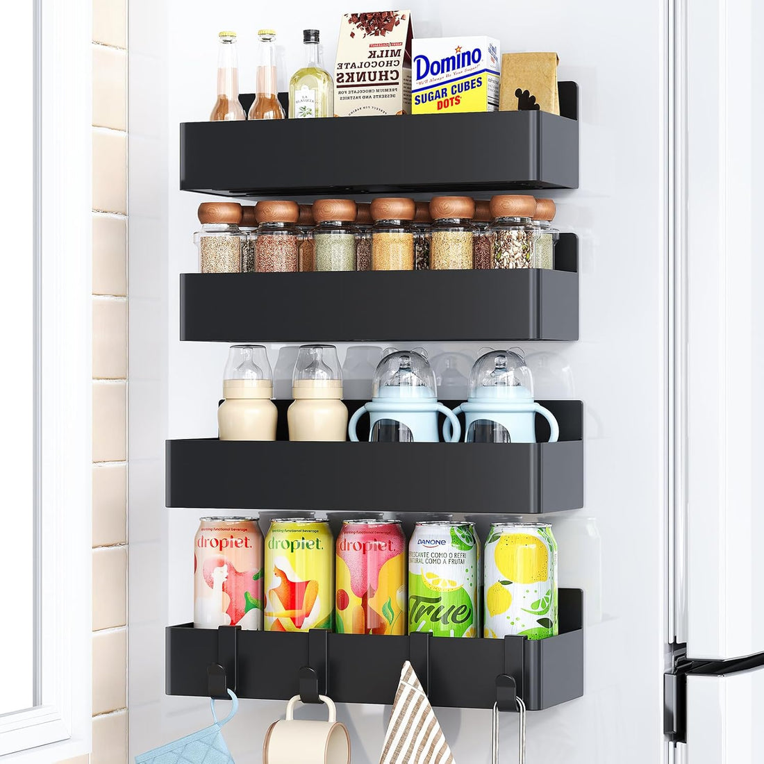 Magnetic Spice Rack for Refrigerator, Kitchen Organizer and Storage Shelf, Black (4 Pack)…