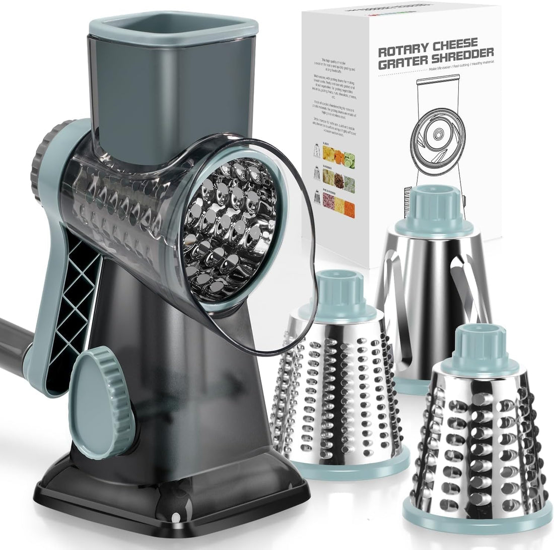 Rotary Cheese Grater Hand Crank Transparent - Shredder Slicer Grinder 3 Stainless Steel Blades, Stable Suction, Labor-Saving 