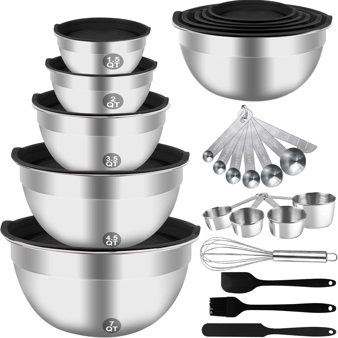 Mixing Bowls Set, 25PCS Stainless Steel Mixing Bowl with Lid Set, Large Nesting Bowls 7, 4.5, 3,2, 1.5QT, Measuring Cups and 