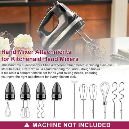 Hand Mixer Beaters Attachments, Whisk, Dough Hooks, and Liquid Blending Rod, Stainless Steel Hand Mixer Accessories Compatible with Kitchenaid Hand Mixers KHM3 KHM5 KHM7 KHM9, KHM926, KHM512, Set of 6
