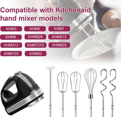 Hand Mixer Beaters Attachments, Whisk, Dough Hooks, and Liquid Blending Rod, Stainless Steel Hand Mixer Accessories Compatible with Kitchenaid Hand Mixers KHM3 KHM5 KHM7 KHM9, KHM926, KHM512, Set of 6