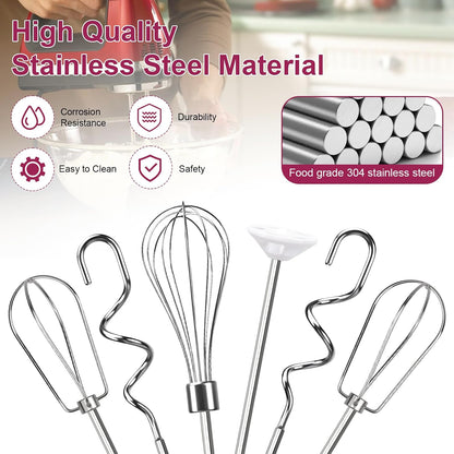 Hand Mixer Beaters Attachments, Whisk, Dough Hooks, and Liquid Blending Rod, Stainless Steel Hand Mixer Accessories Compatible with Kitchenaid Hand Mixers KHM3 KHM5 KHM7 KHM9, KHM926, KHM512, Set of 6