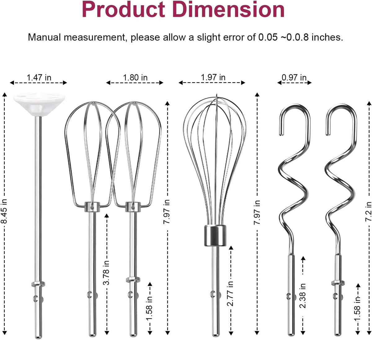 Hand Mixer Beaters Attachments, Whisk, Dough Hooks, and Liquid Blending Rod, Stainless Steel Hand Mixer Accessories Compatible with Kitchenaid Hand Mixers KHM3 KHM5 KHM7 KHM9, KHM926, KHM512, Set of 6