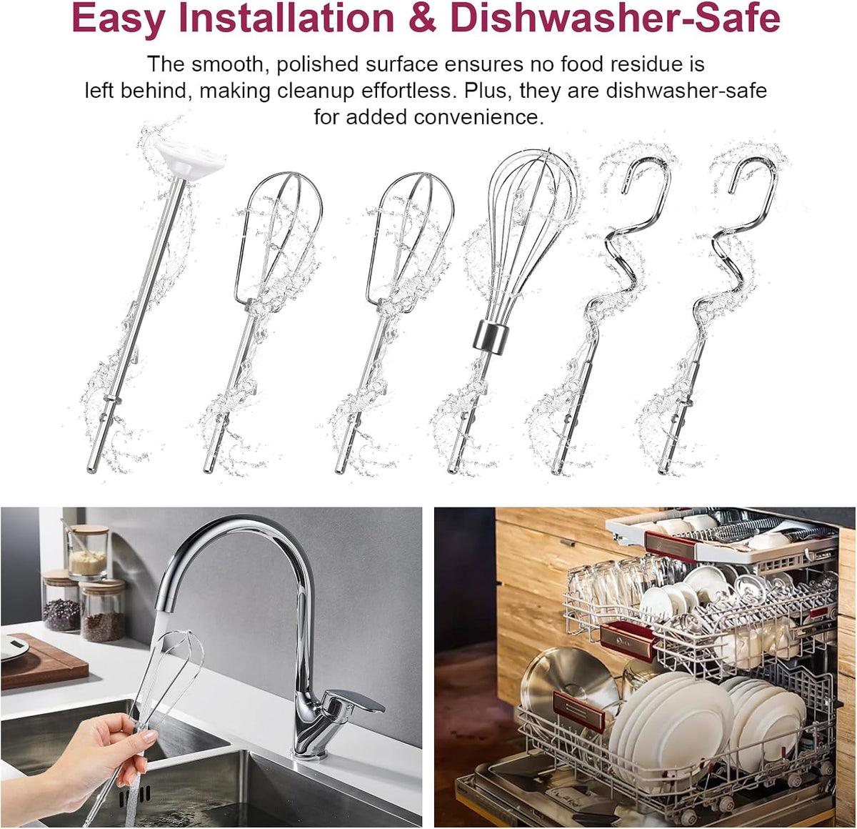 Hand Mixer Beaters Attachments, Whisk, Dough Hooks, and Liquid Blending Rod, Stainless Steel Hand Mixer Accessories Compatible with Kitchenaid Hand Mixers KHM3 KHM5 KHM7 KHM9, KHM926, KHM512, Set of 6