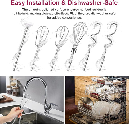 Hand Mixer Beaters Attachments, Whisk, Dough Hooks, and Liquid Blending Rod, Stainless Steel Hand Mixer Accessories Compatible with Kitchenaid Hand Mixers KHM3 KHM5 KHM7 KHM9, KHM926, KHM512, Set of 6