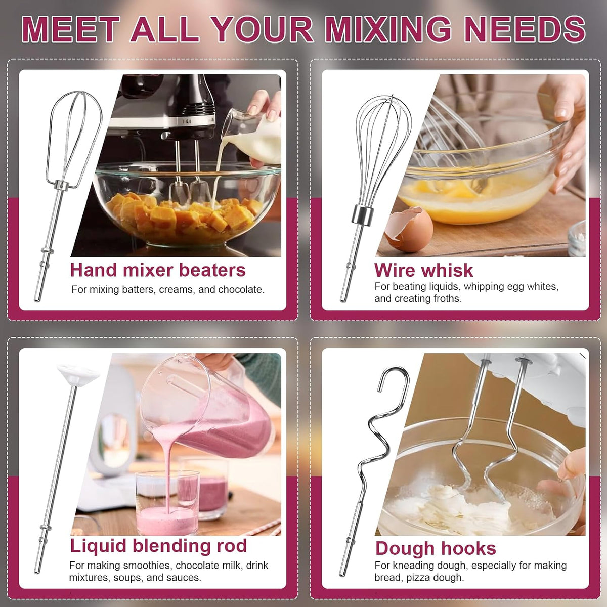 Hand Mixer Beaters Attachments, Whisk, Dough Hooks, and Liquid Blending Rod, Stainless Steel Hand Mixer Accessories Compatible with Kitchenaid Hand Mixers KHM3 KHM5 KHM7 KHM9, KHM926, KHM512, Set of 6