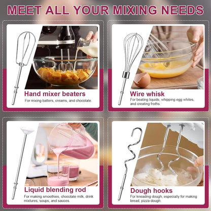 Hand Mixer Beaters Attachments, Whisk, Dough Hooks, and Liquid Blending Rod, Stainless Steel Hand Mixer Accessories Compatible with Kitchenaid Hand Mixers KHM3 KHM5 KHM7 KHM9, KHM926, KHM512, Set of 6