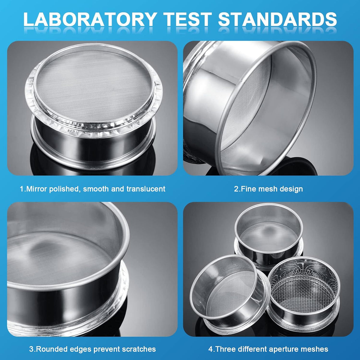 3 Pcs 304 Stainless Lab Sieves, 200, 80 and 10 Mesh (0.074, 0.18 and 2 Mm) Aperture Test Sieve, 4 Inch Diameter Economy Test Sieve with Labels for Industrial Laboratory