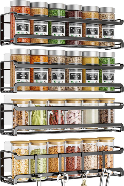 Spice Rack Wall Mounted 4 Pack, For Spice Jars & Seasonings,Black | 4 Removalble Hooks,Screw or Adhesive Hanging, Space-Saving,For Kitchen Cabinet, Pantry Door,Stove,RV Use,11.41x2.75x2.75in