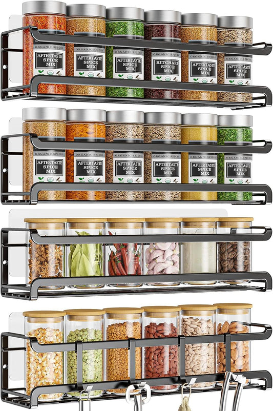 Spice Rack Wall Mounted 4 Pack, For Spice Jars & Seasonings,Black | 4 Removalble Hooks,Screw or Adhesive Hanging, Space-Saving,For Kitchen Cabinet, Pantry Door,Stove,RV Use,11.41x2.75x2.75in