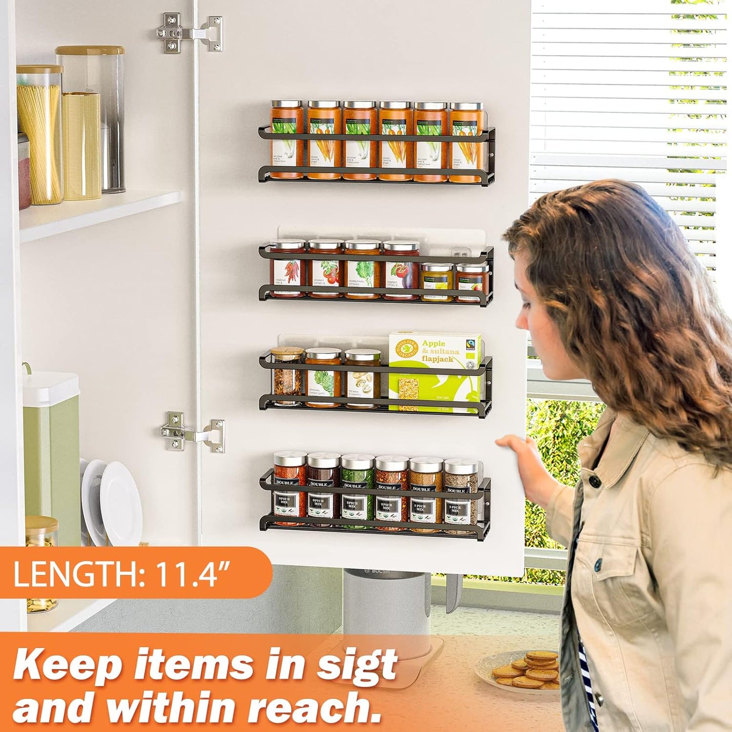 Spice Rack Wall Mounted 4 Pack, For Spice Jars & Seasonings,Black | 4 Removalble Hooks,Screw or Adhesive Hanging, Space-Saving,For Kitchen Cabinet, Pantry Door,Stove,RV Use,11.41x2.75x2.75in