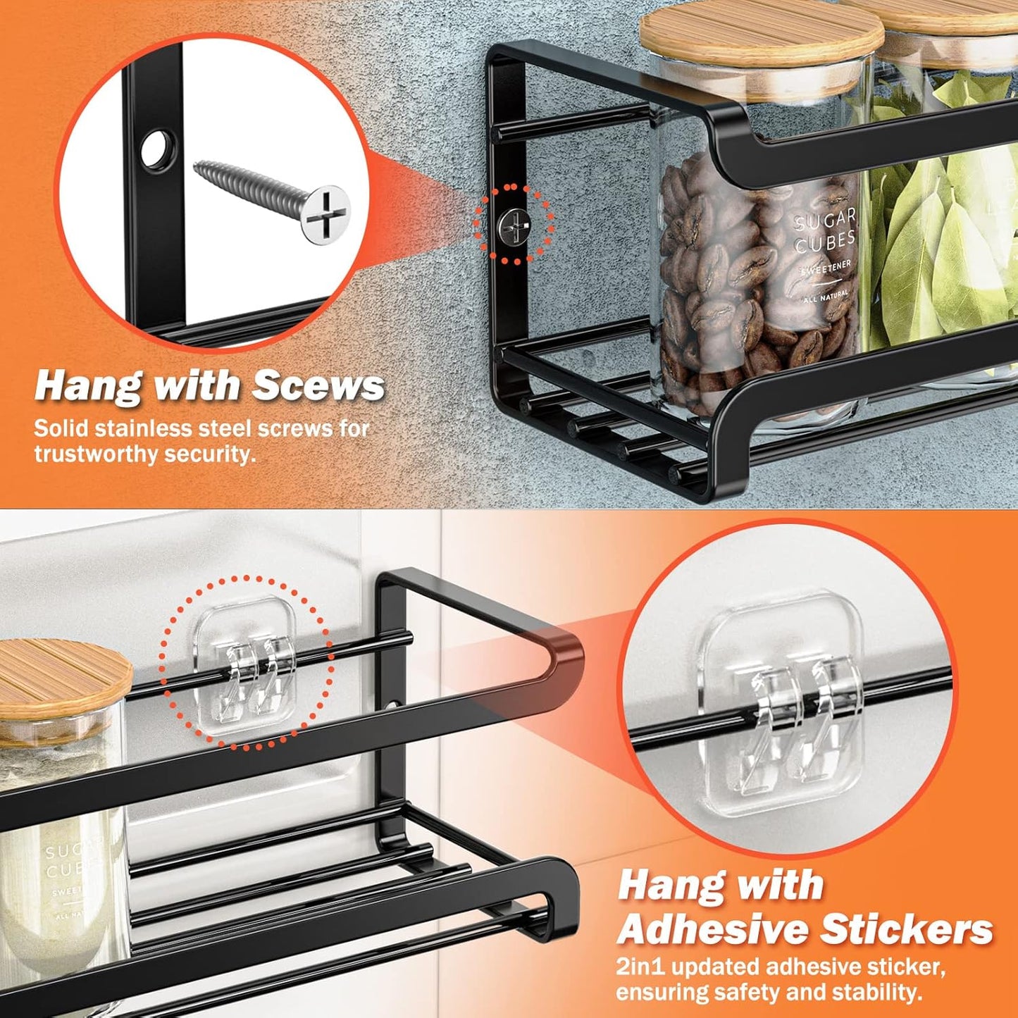 Spice Rack Wall Mounted 4 Pack, For Spice Jars & Seasonings,Black | 4 Removalble Hooks,Screw or Adhesive Hanging, Space-Saving,For Kitchen Cabinet, Pantry Door,Stove,RV Use,11.41x2.75x2.75in